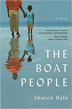 The Boat People by Sharon Bala (cover) Image: a man and a young boy hold hands on a beach looking out over the ocean