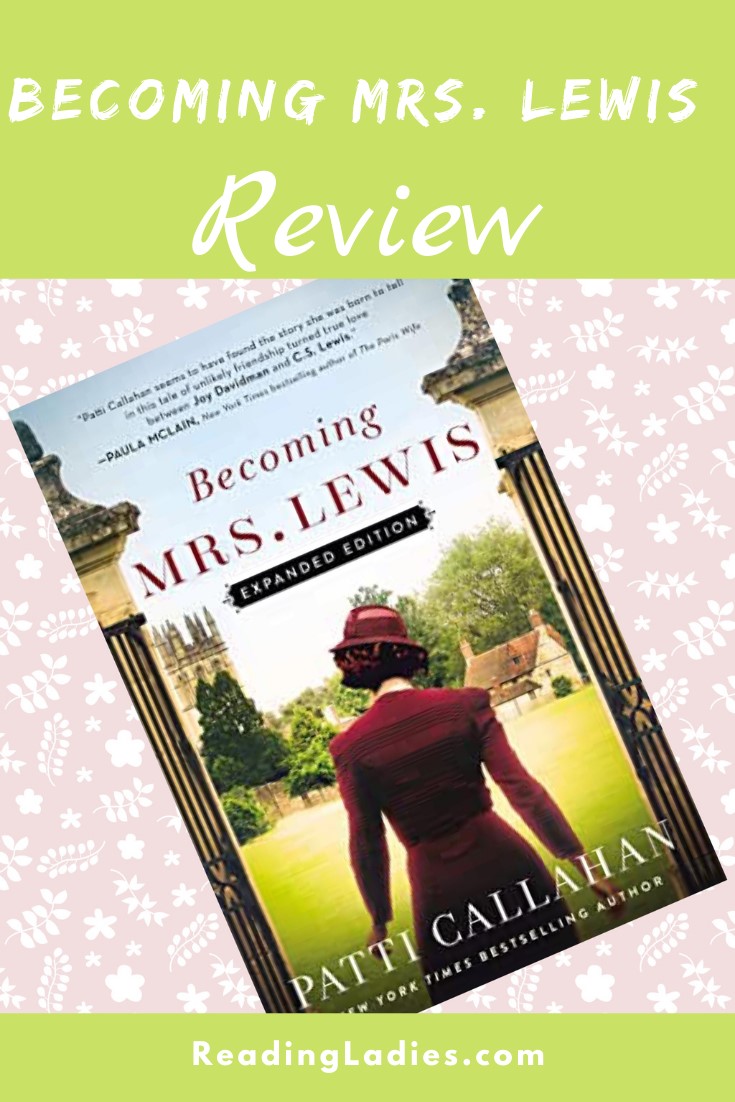 Becoming Mrs. Lewis by Patti Callahan (cover) Image: a woman in a red long sleeved dress and hat walks though a set of columns with her back to the camera