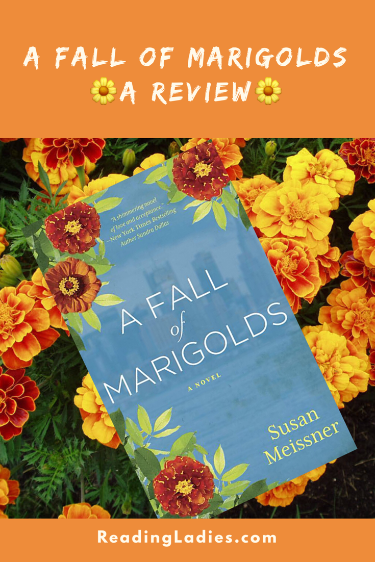 A Fall of Marigolds by Susan Meissner (cover) Image: white text on a blue backbround...marigolds peek into the edges of three corners