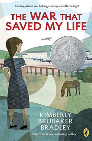 The War That Saved My Life by Kimberly rubaker Bradley (cover) Image: a young firl stands on a road overlooking a pasture with a horse and an airport in the background