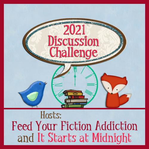 2021 discussion challenge graphic (a blue bird and red fox and wall clock and stack of books graphic)