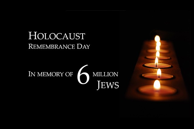 Holocause Remembrance Day: In Memory of 6 Million Jews (white text on black background, a row of candles burn)