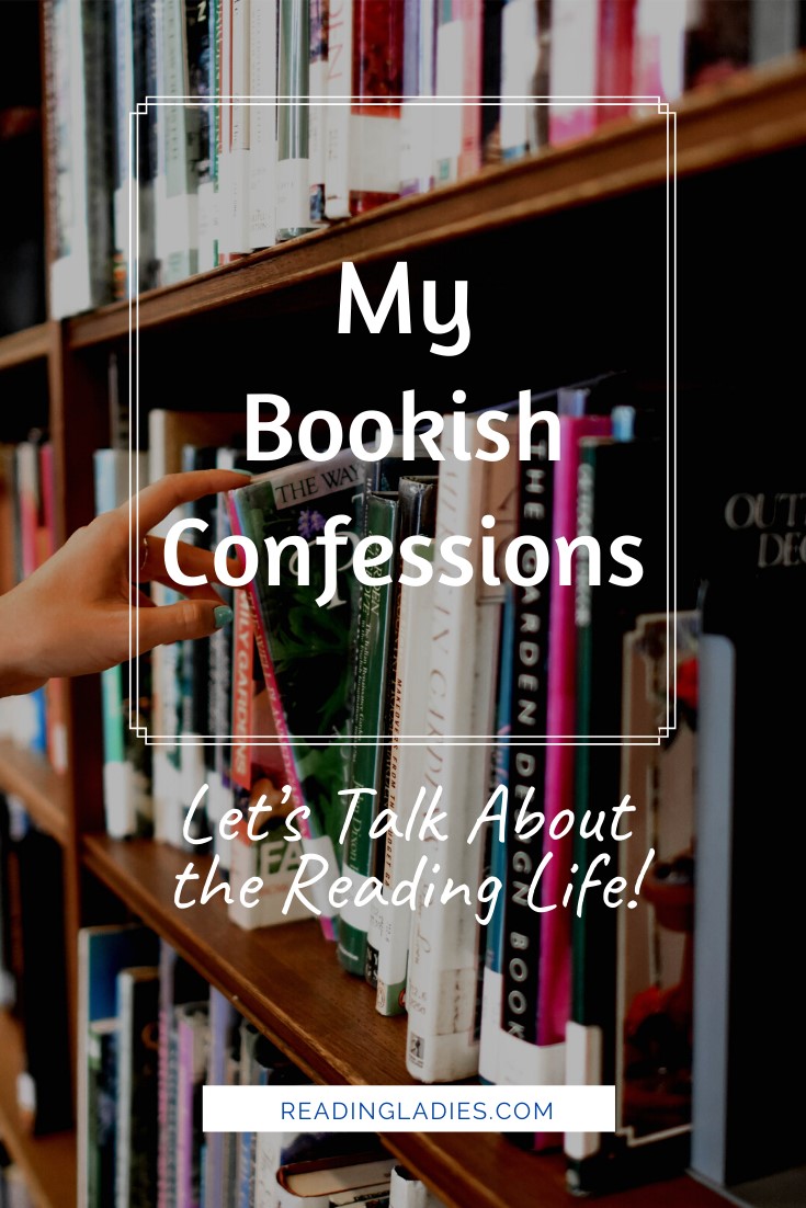 My Bookish Confessions (white text over a background of book shelves)
