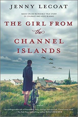 The Girl From the Channel Islands by Jenny Lecoat (cover) Image: a woman stands in an empty field beside her bike overlooking a small village while planes fly overhead