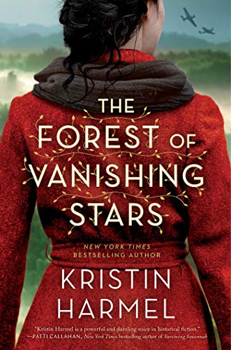 The Forest of Vanishing Stars by Kristin Harmel (cover) Image: the back view of a woman wearing a red coat overlooking a landscape with planes flying overhead