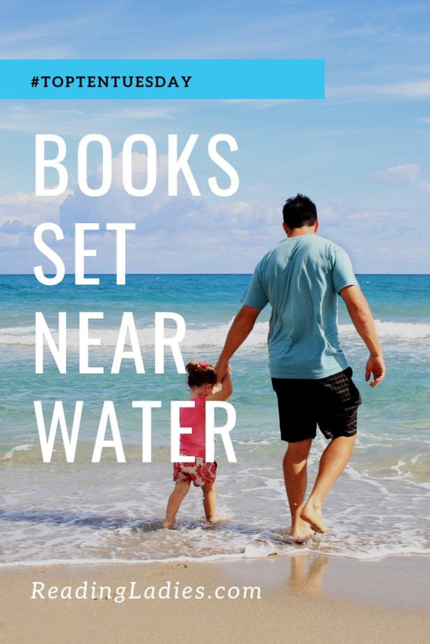 Books Set Near Water (white text over a background of a father walking with his young daughter in the surf)