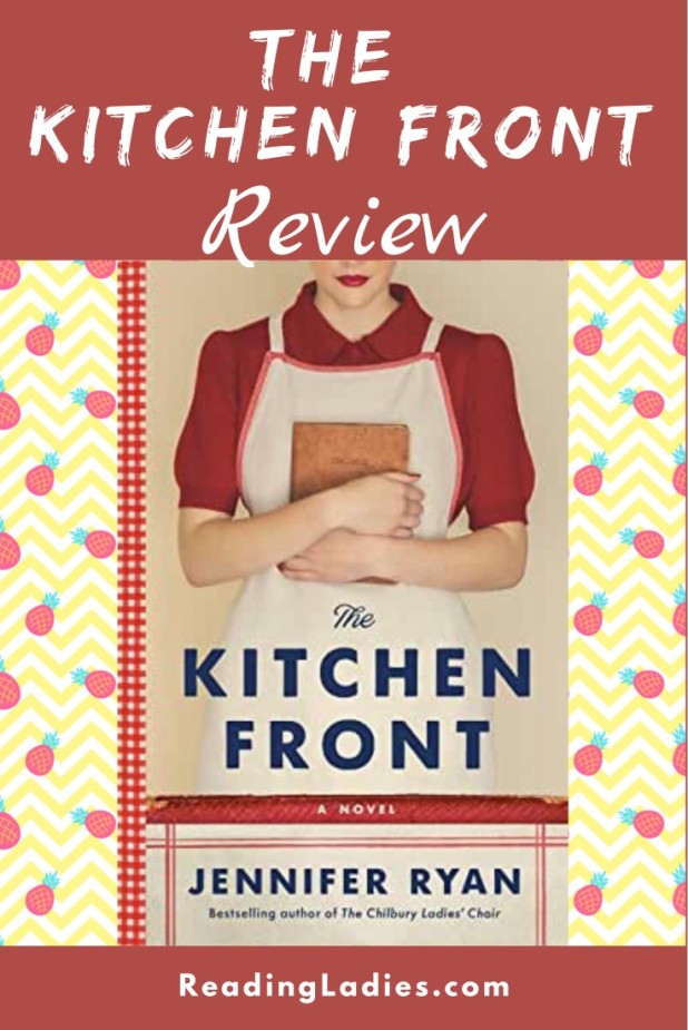 The Kitchen Front by Jennifer Ryan (cover) A woman dressed in a red bouse and white apron holds a cookbook to her chest