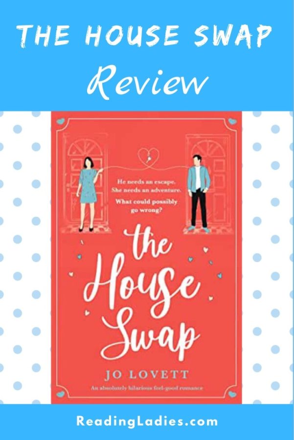 The House Swap by Jo Lovett (cover) Image: white text on a salmon background...graphic images of a young man and woman above the title