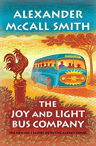 The Joy and Light Bus Company by Alexander McCall Smith (cover) a graphic picture in rust and blue colors of a bus filled with people driving along a country road