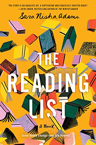 The Reading List by Sara Nisha Adams (cover) white text overe a graphic image of scattered open books