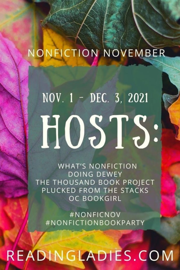 Nonfiction November poster (text in white against a green background against colorful fall leaves)