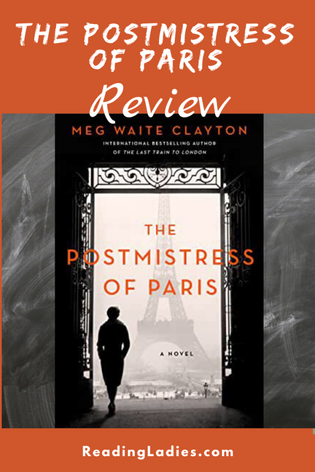 The Postmistress of Paris by Meg Waite Clayton (cover) Image: a dark silhouette of a woman standing at a gate overlooking the Eiffel Tower
