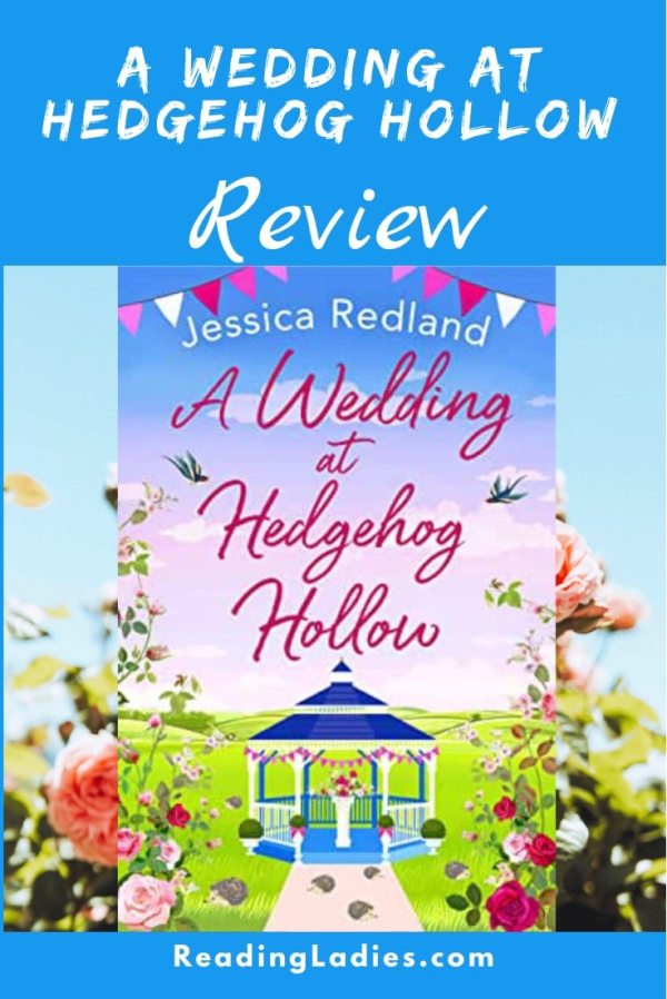 A Wedding at Hedgehog Hollow by Jessica Redland (cover) Image:  a blue and white gazebo decorated for a wedding sits among grassy rolling hills and flower gardens
