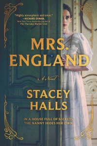 Mrs. England by Stacey Halls (cover) Image: a young woman in a long white dress peeks around the corner of an open door