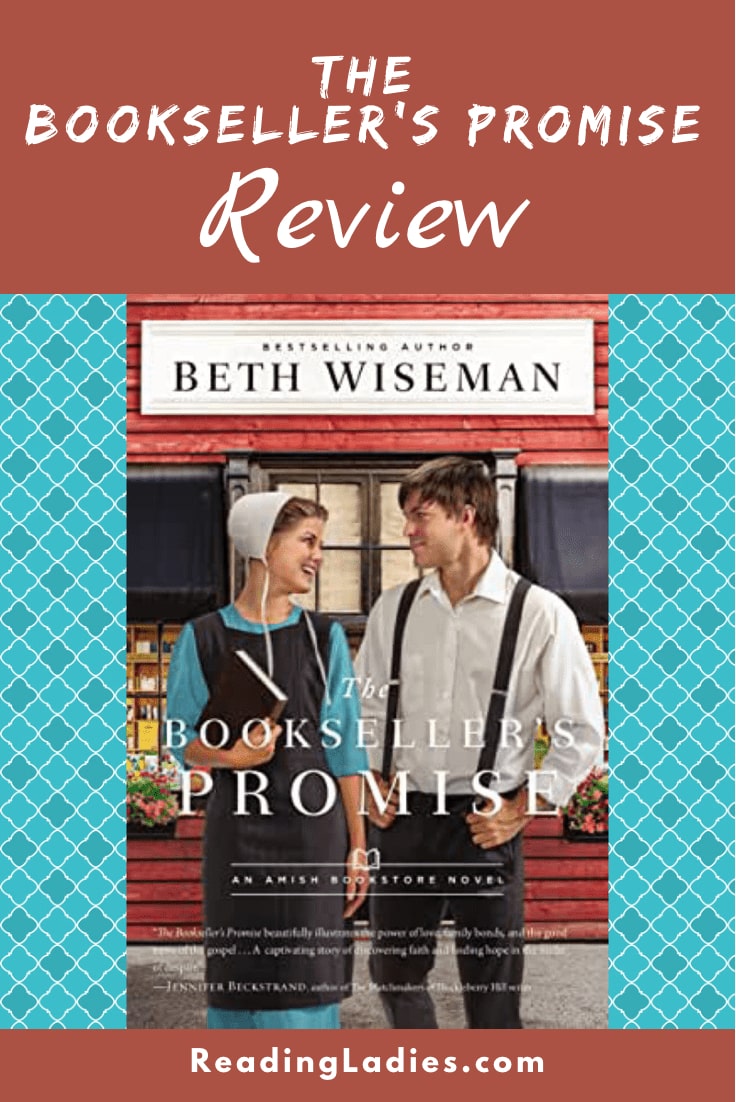 The Bookseller's Promise by Beth Wiseman (cover) Image: a young Amish man and woman stand in front of a bookstore gazing lovingly at each other