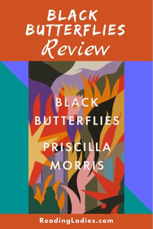 Black Butterflies by Priscilla Morris (cover) Image: white text over a background of colorful graphic shapes