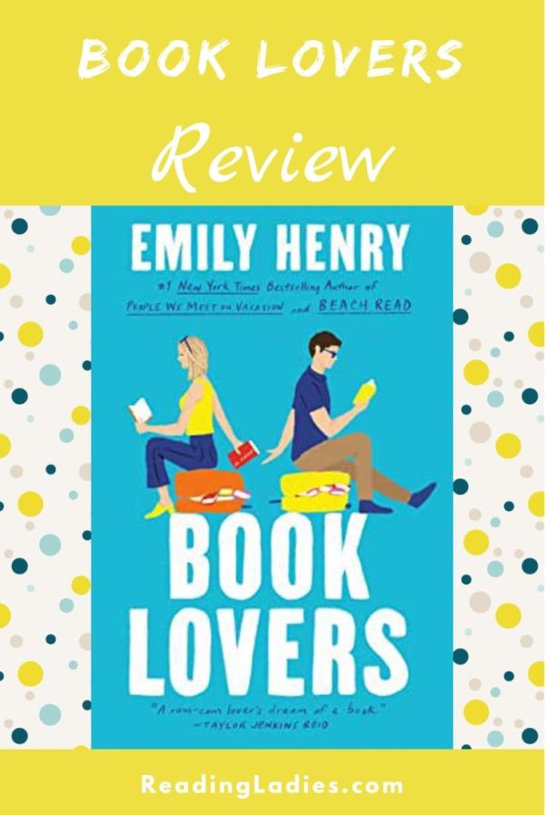 Book Lovers by Emily Henry (cover) Image: a young man and woman sit back to back on separate hassocks reading books .....the woman hands the man a book