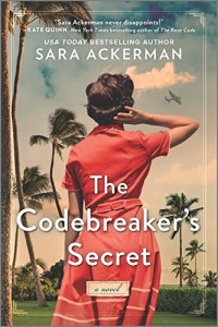 The Codebreaker's Secret by Sara Ackerman (cover) Image: the back view of a young woman in a red dress looking at a plane flying over a few palm trees