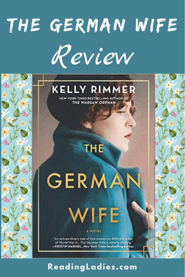 The German Wife by Kelly Rimmer (cover) Image: a young woman with bobbed brown hair and wearing a teal coat looks to her right